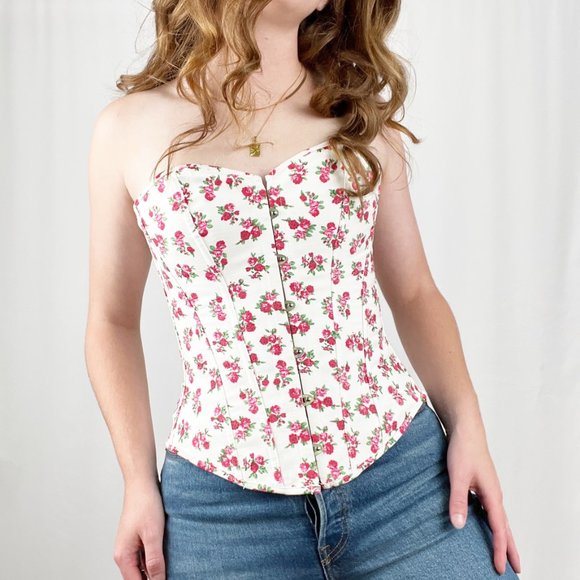 Vintage Corset Bustier Floral Lace Up Cottagecore Strapless Pin-Up Sexy Lingerie - Picture 4 of 5